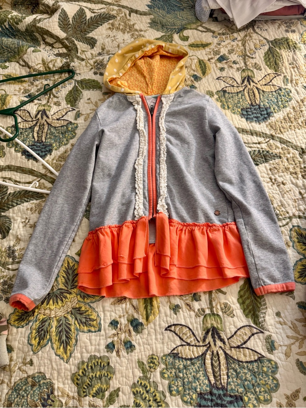 Girls' Gray Hoodie Jacket with Coral Ruffle Hem